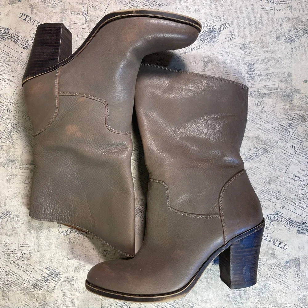 Lucky Brand Embrleigh Taupe Gray Leather Mid Calf Slouch Boots Western